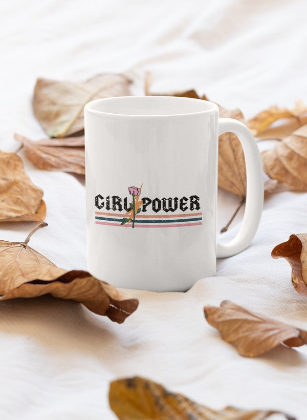 A stylish 11oz ceramic mug featuring a girl power design with a glossy finish and sturdy handle.