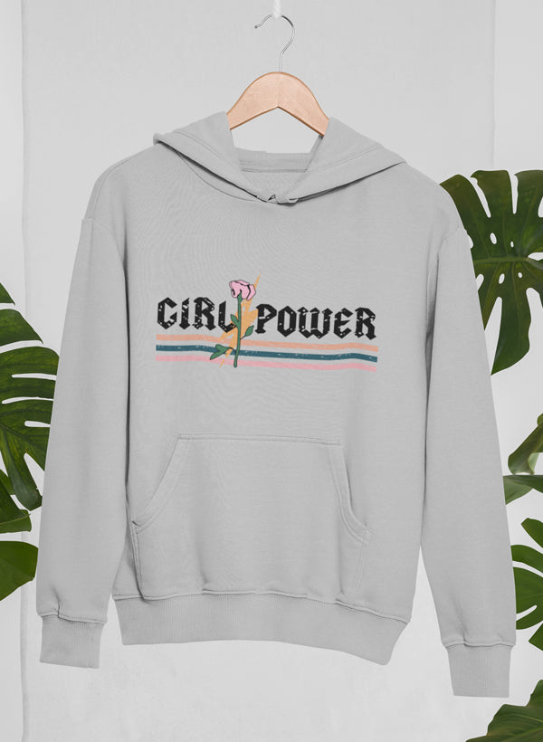 Girl Power Rose Hoodie featuring a stylish rose design, adjustable hood, and cozy fleece lining.