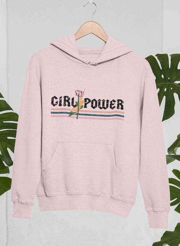 Girl Power Rose Hoodie featuring a stylish rose design, adjustable hood, and cozy fleece lining.