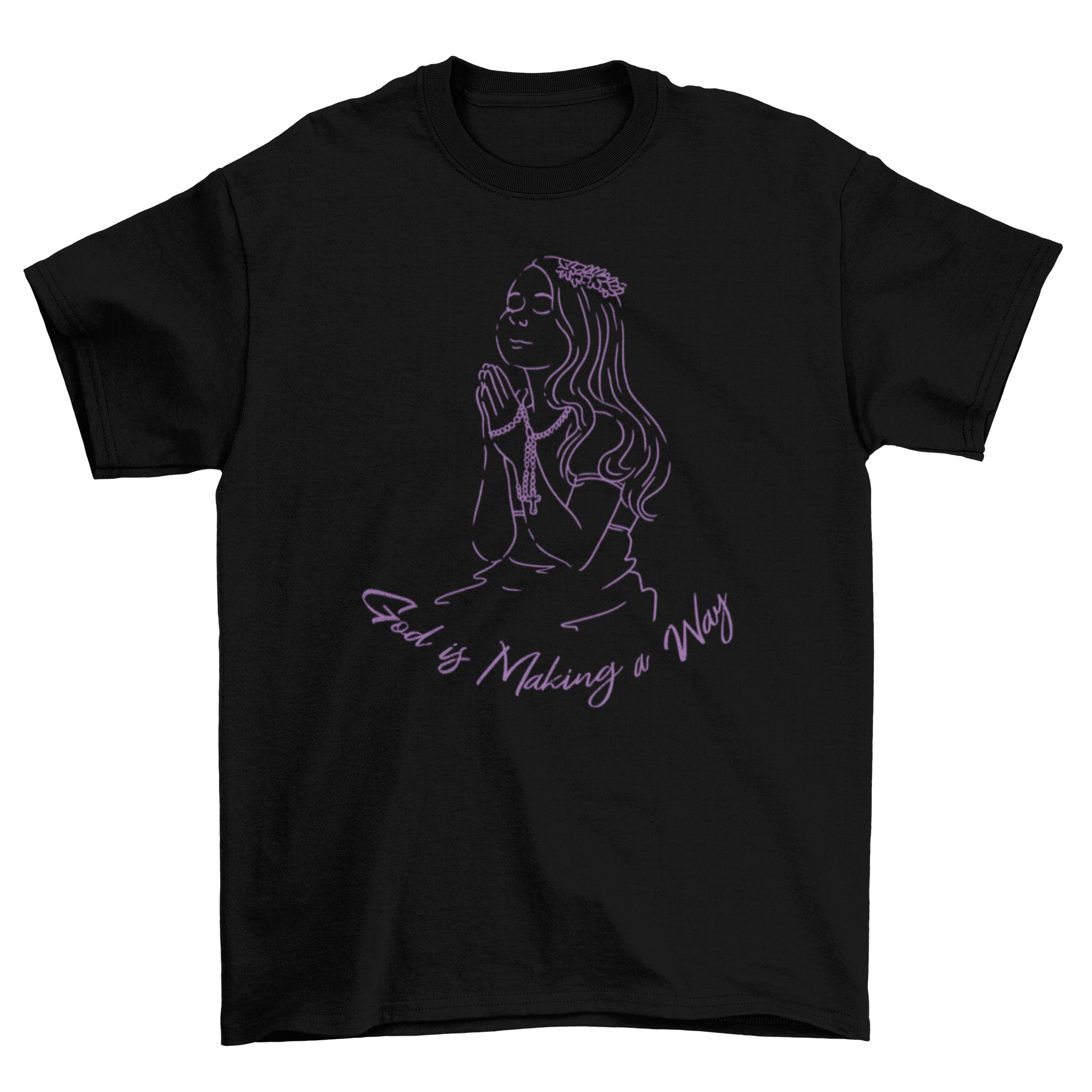 A stylish t-shirt featuring a girl praying with the quote 'God is making a way' in an inspiring design.