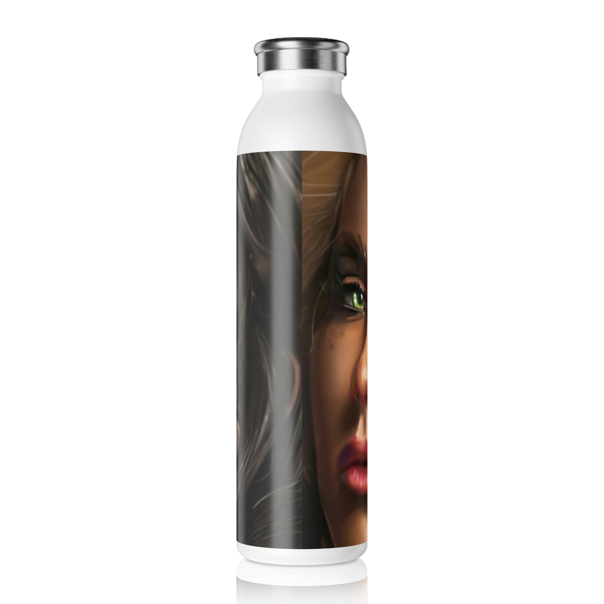 A stylish 20oz Girl Slim Water Bottle with a matte finish and silver stainless steel cap, showcasing a personalized design.