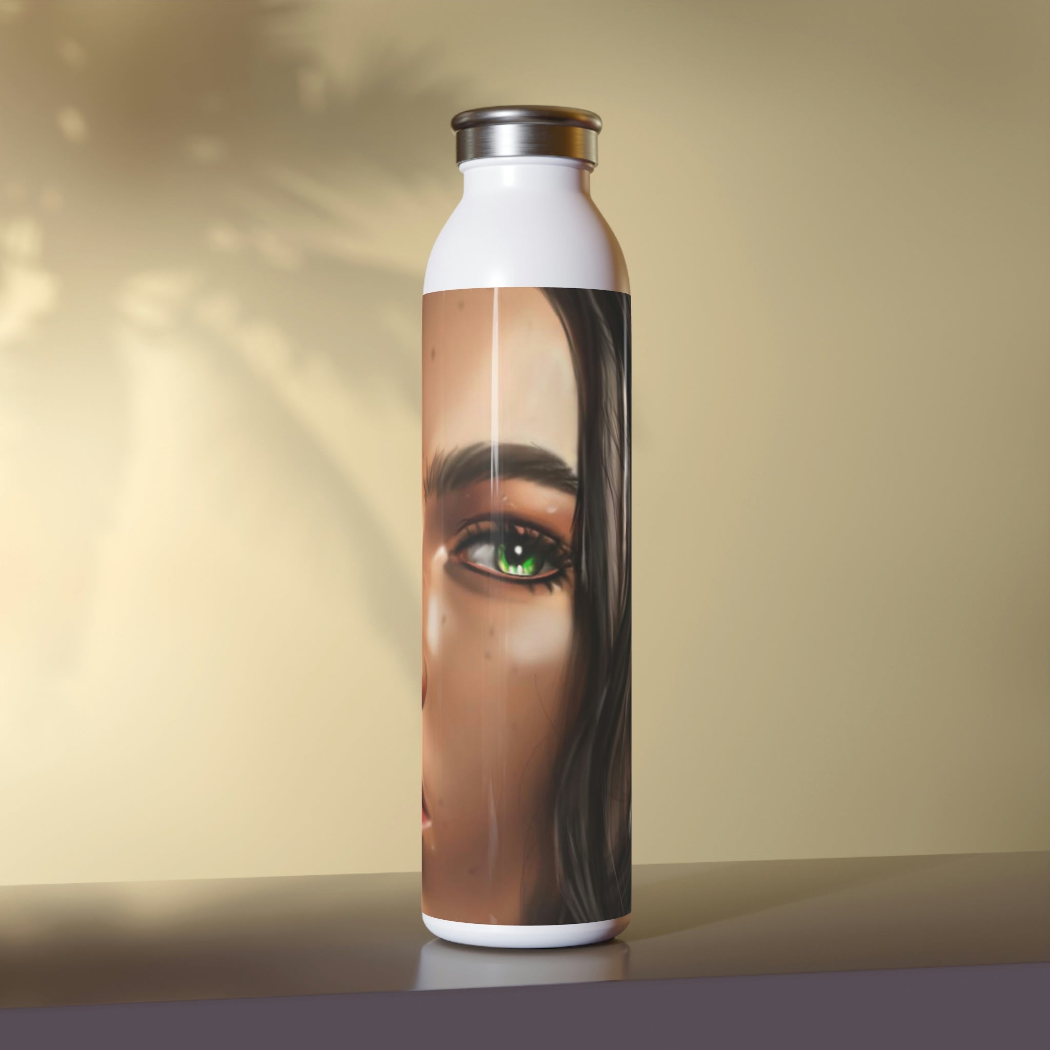 A stylish 20oz Girl Slim Water Bottle with a matte finish and silver stainless steel cap, showcasing a personalized design.