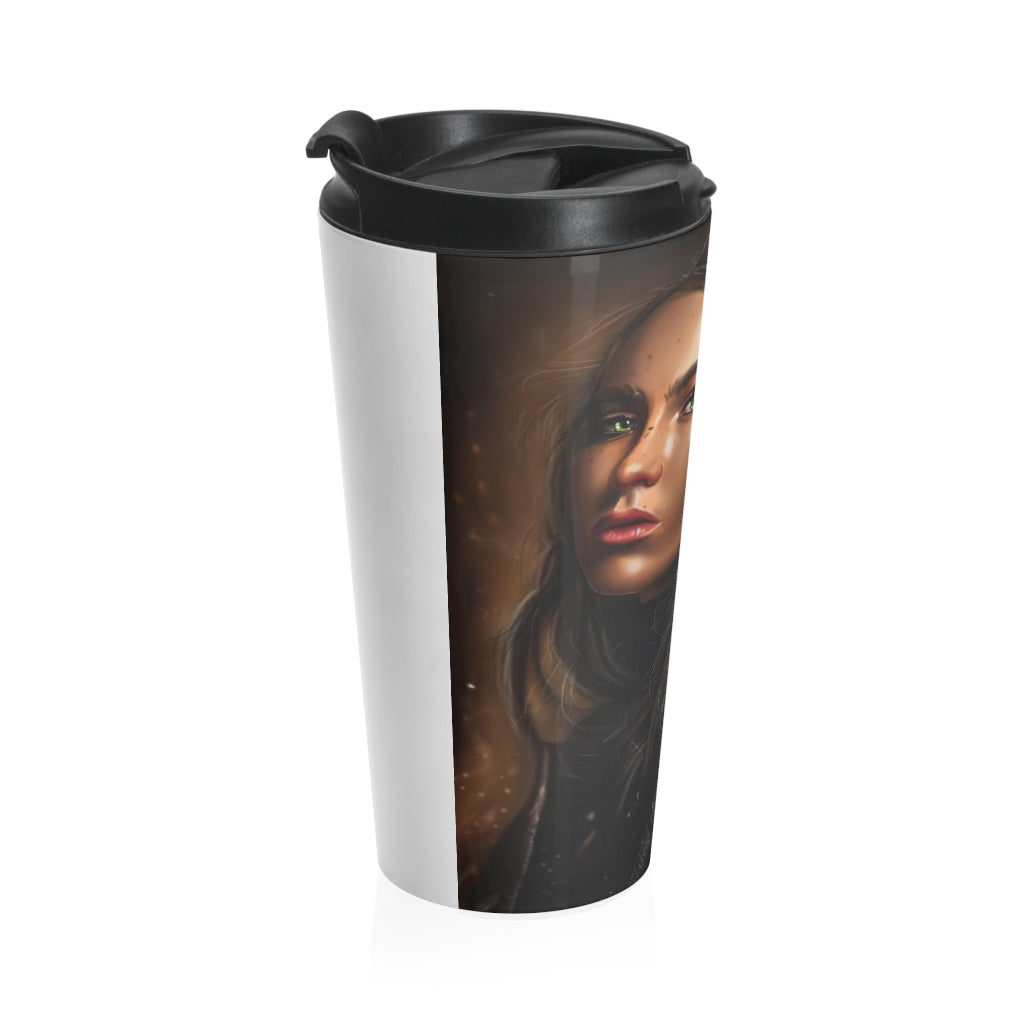 A stylish Girl Stainless Steel Travel Mug with a black plastic lid, featuring vibrant sublimation printing, perfect for coffee and tea lovers.