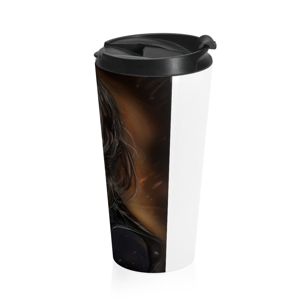 A stylish Girl Stainless Steel Travel Mug with a black plastic lid, featuring vibrant sublimation printing, perfect for coffee and tea lovers.