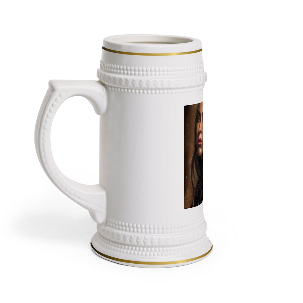 A stylish Girl Stein Mug made of durable white ceramic, featuring ribbed outlines and a comfortable handle, perfect for custom designs.