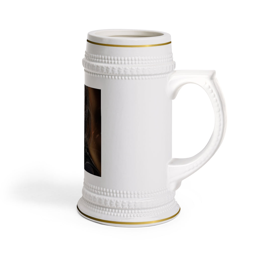 A stylish Girl Stein Mug made of durable white ceramic, featuring ribbed outlines and a comfortable handle, perfect for custom designs.