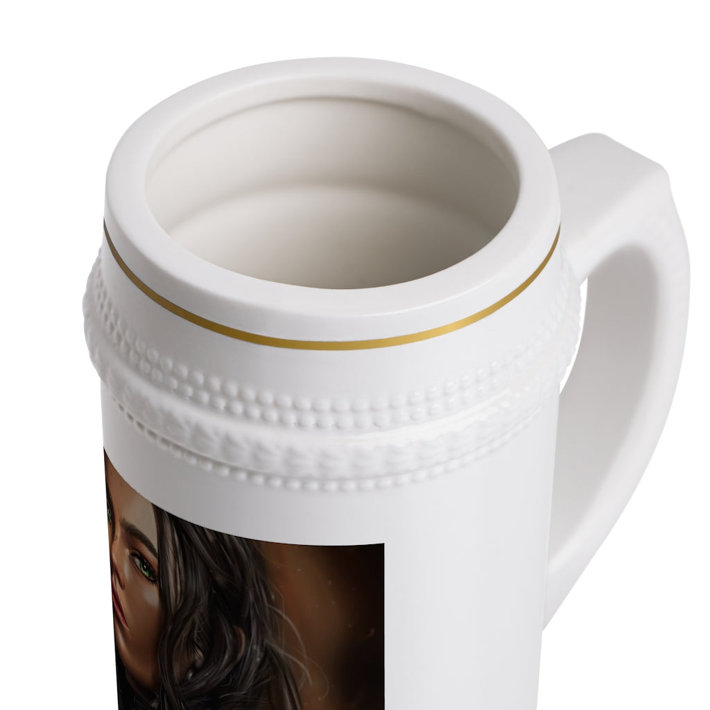 A stylish Girl Stein Mug made of durable white ceramic, featuring ribbed outlines and a comfortable handle, perfect for custom designs.