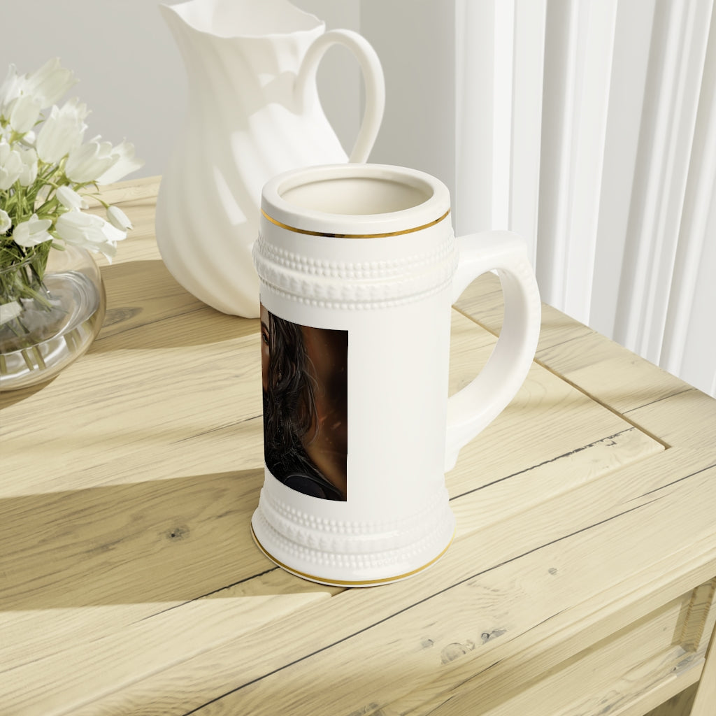 A stylish Girl Stein Mug made of durable white ceramic, featuring ribbed outlines and a comfortable handle, perfect for custom designs.