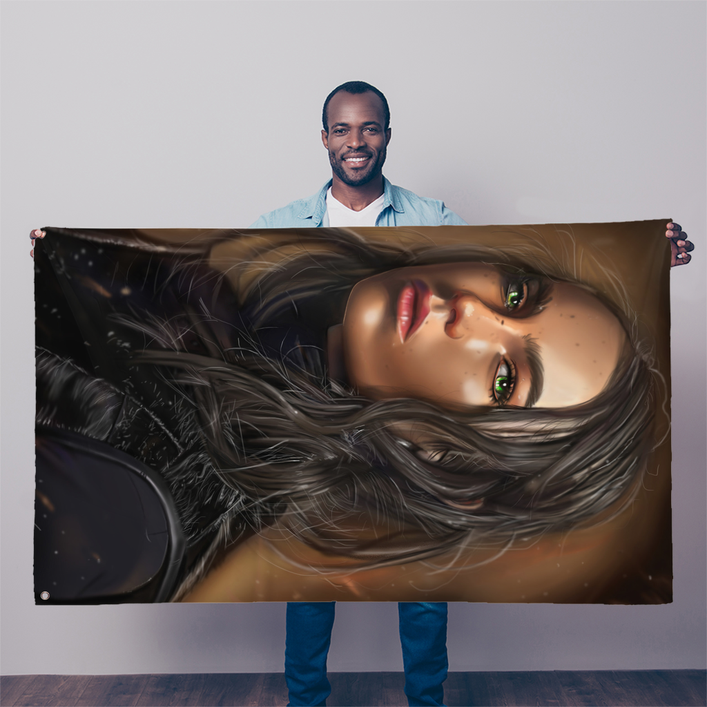 A vibrant Girl Sublimation Flag measuring 5FT x 3FT, made from durable polyester with double-stitched edges and eyelets for hanging.