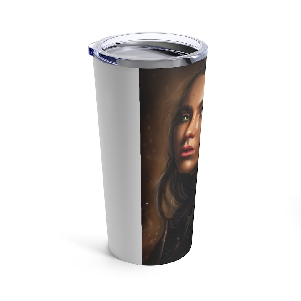 A stylish 20oz stainless steel tumbler with rounded corners and a see-thru plastic lid, perfect for travel and outdoor use.