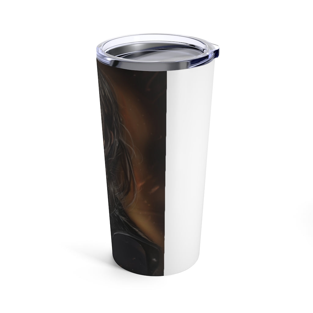 A stylish 20oz stainless steel tumbler with rounded corners and a see-thru plastic lid, perfect for travel and outdoor use.