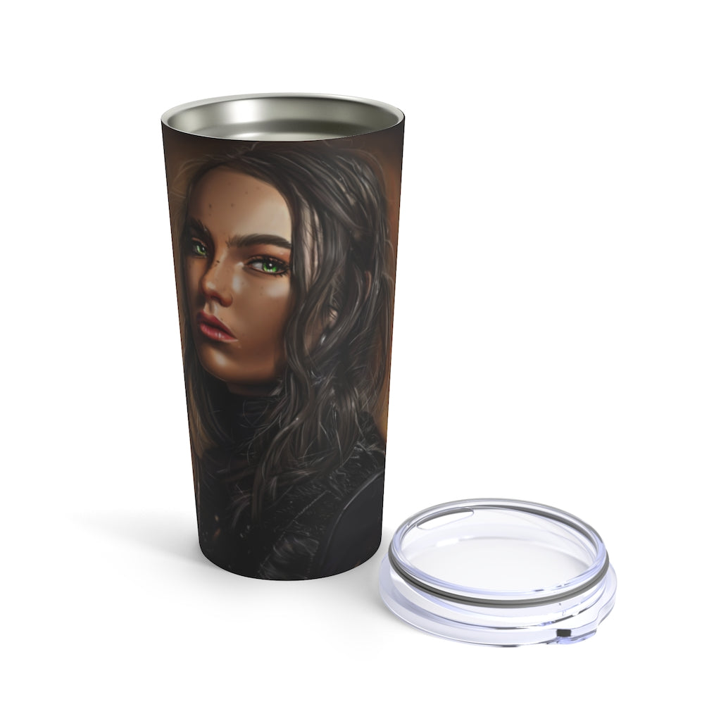 A stylish 20oz stainless steel tumbler with rounded corners and a see-thru plastic lid, perfect for travel and outdoor use.