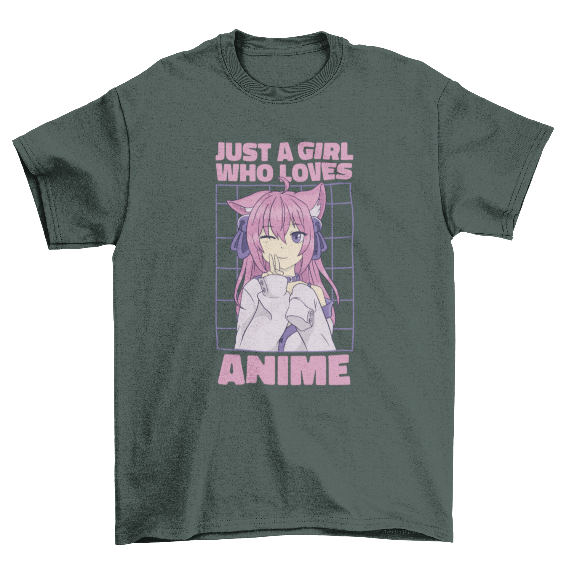 A stylish t-shirt featuring a girl design with the quote 'Just a girl who loves anime', perfect for anime fans.