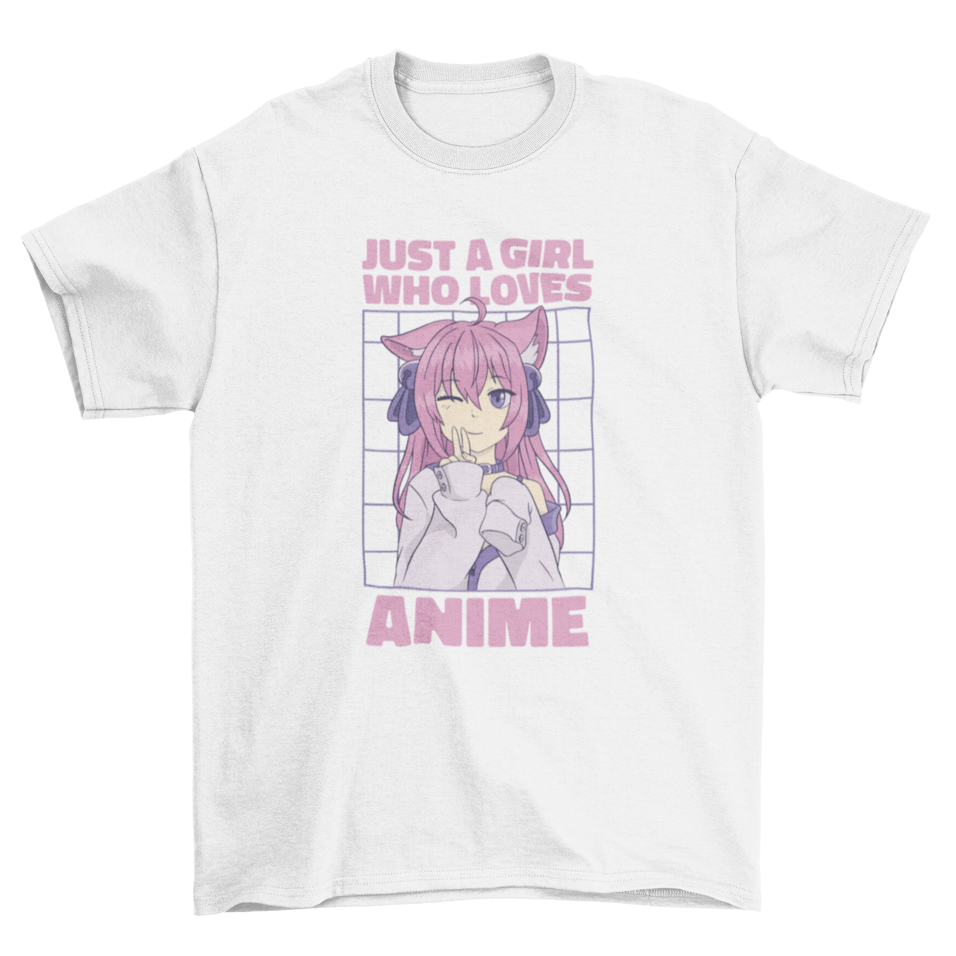 A stylish t-shirt featuring a girl design with the quote 'Just a girl who loves anime', perfect for anime fans.