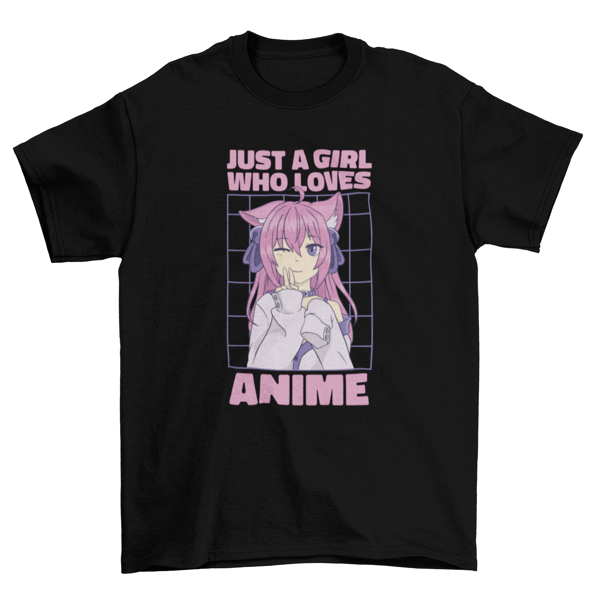 A stylish t-shirt featuring a girl design with the quote 'Just a girl who loves anime', perfect for anime fans.