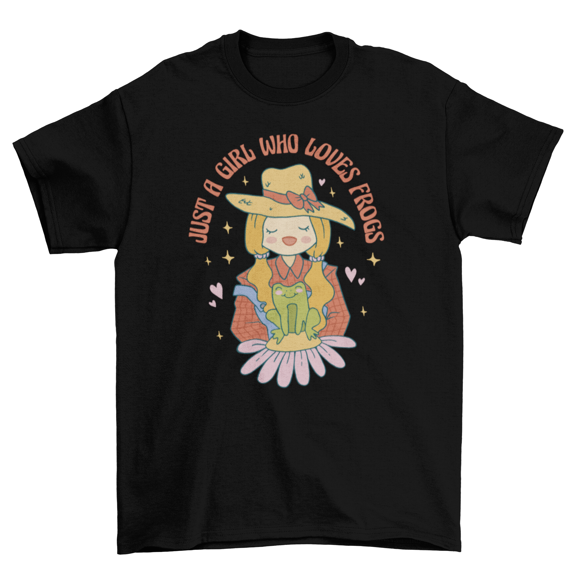 A stylish t-shirt featuring a girl joyfully holding a frog with the quote 'Just a girl who loves frogs.'