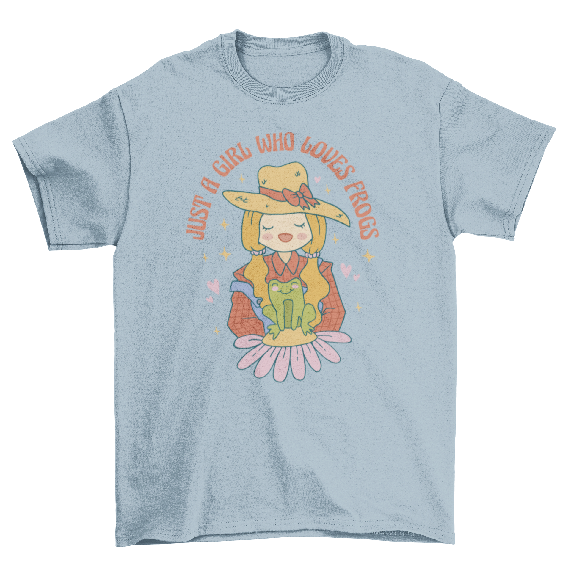 A stylish t-shirt featuring a girl joyfully holding a frog with the quote 'Just a girl who loves frogs.'