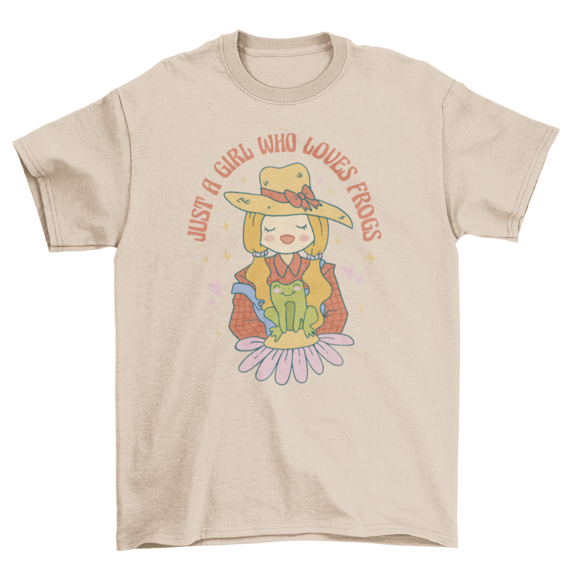 A stylish t-shirt featuring a girl joyfully holding a frog with the quote 'Just a girl who loves frogs.'