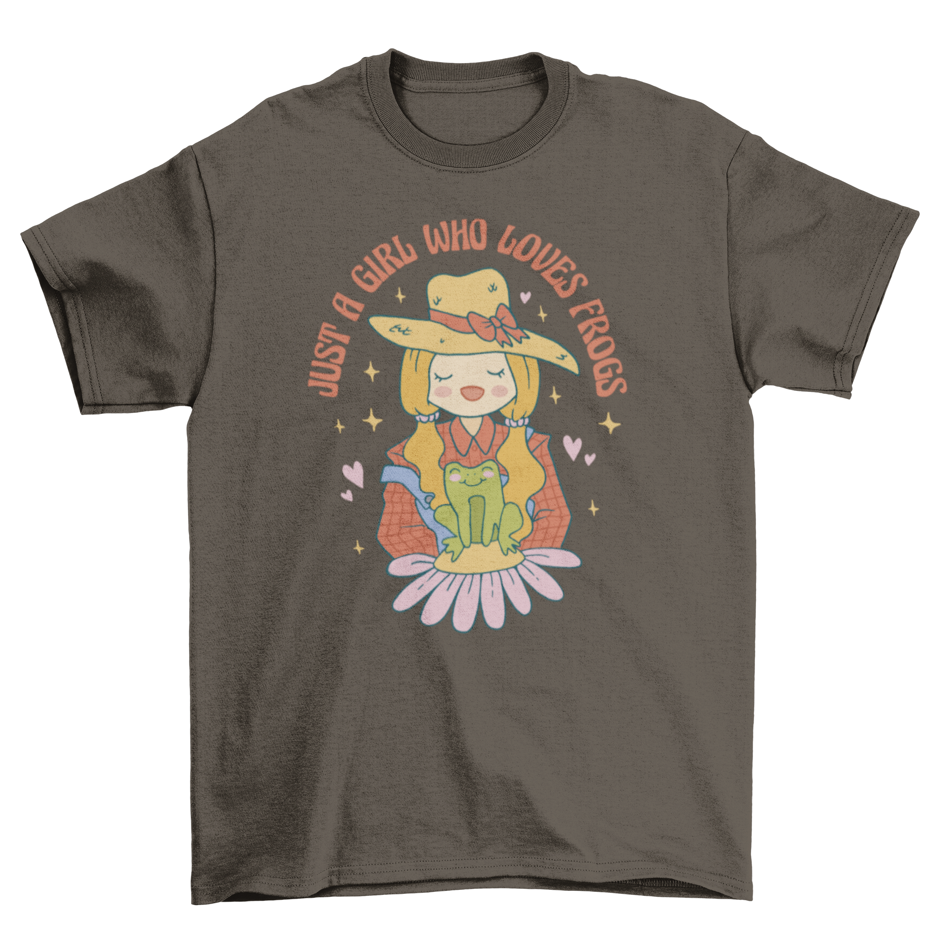 A stylish t-shirt featuring a girl joyfully holding a frog with the quote 'Just a girl who loves frogs.'