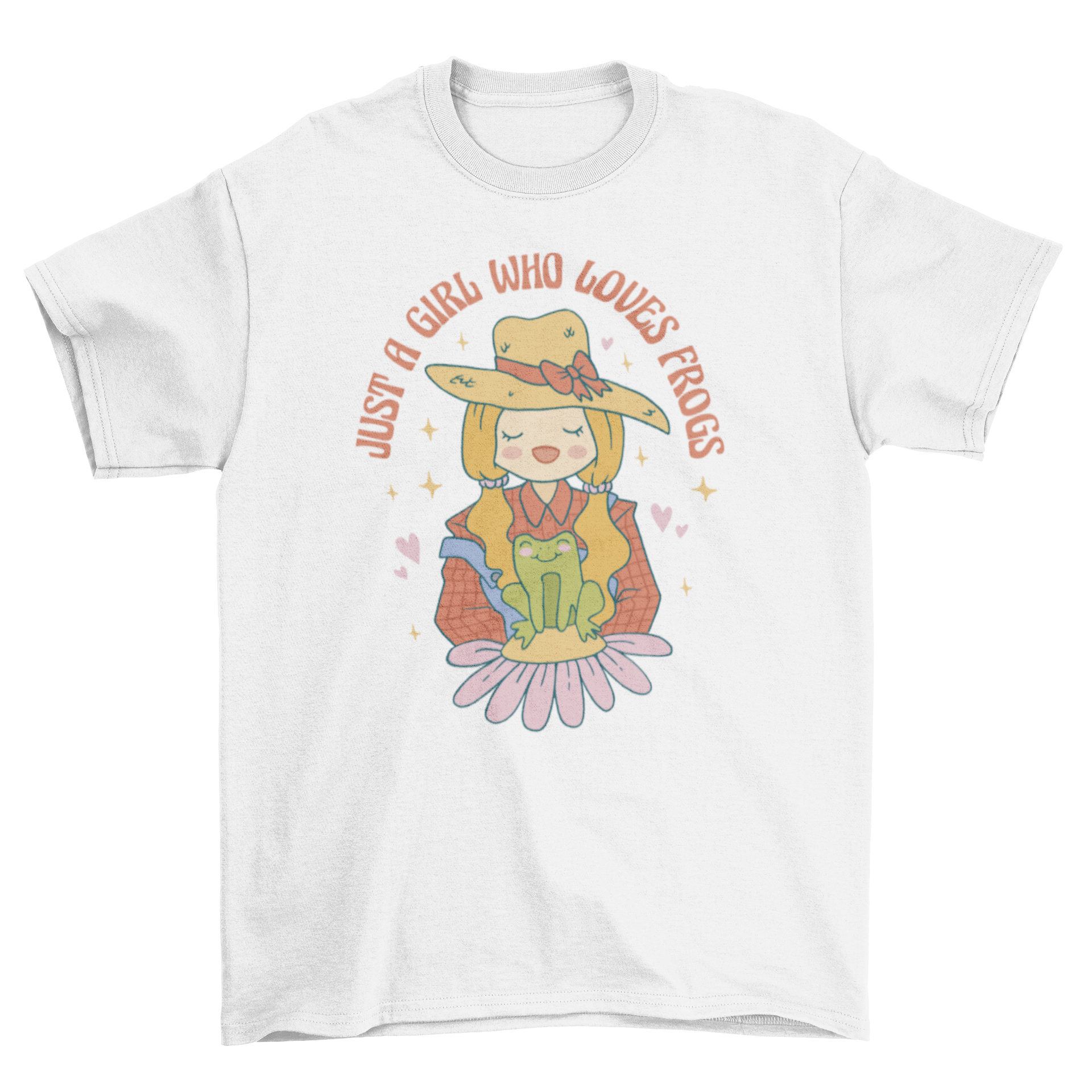 A stylish t-shirt featuring a girl joyfully holding a frog with the quote 'Just a girl who loves frogs.'