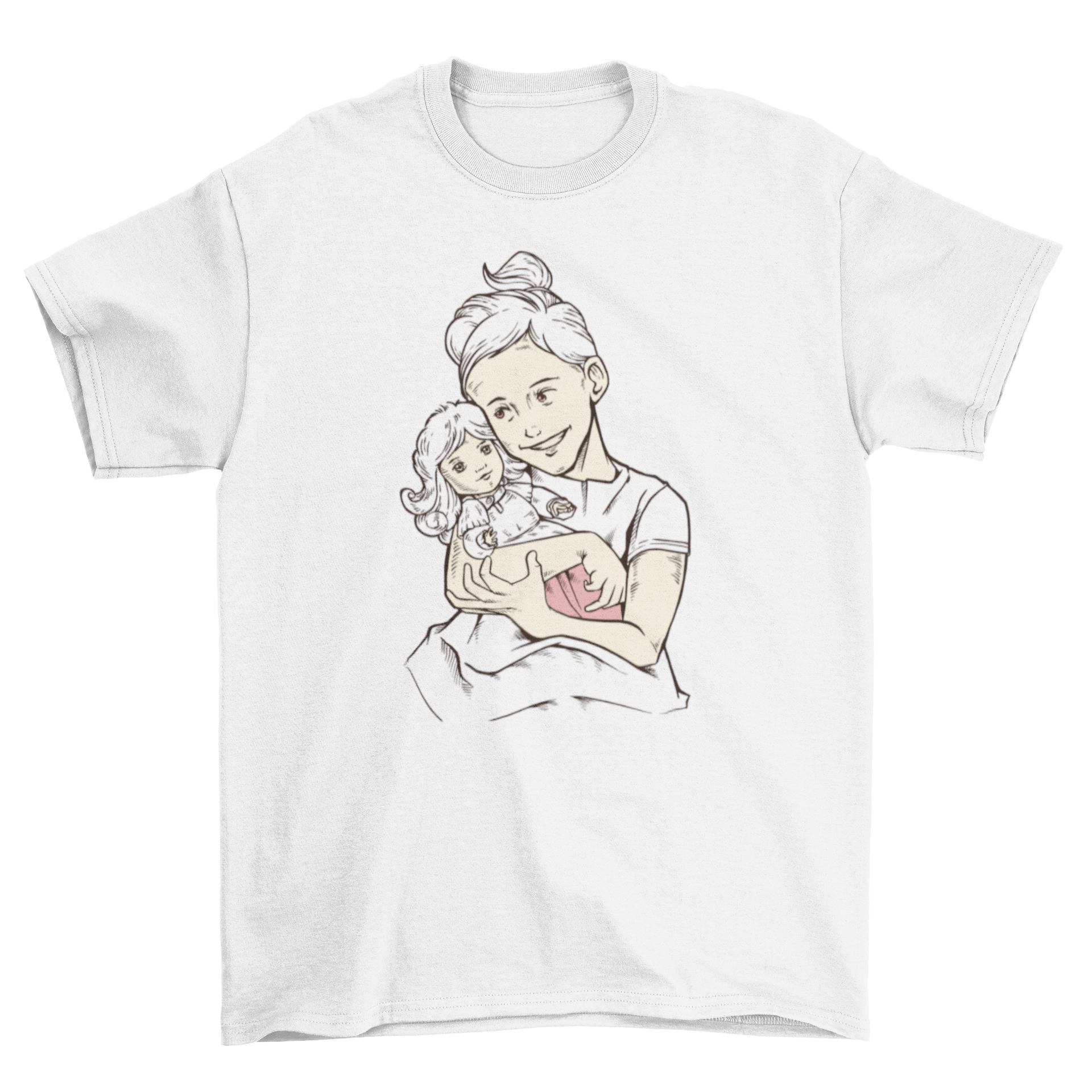 A vintage illustration of a girl holding her doll on a soft t-shirt, perfect for young girls.