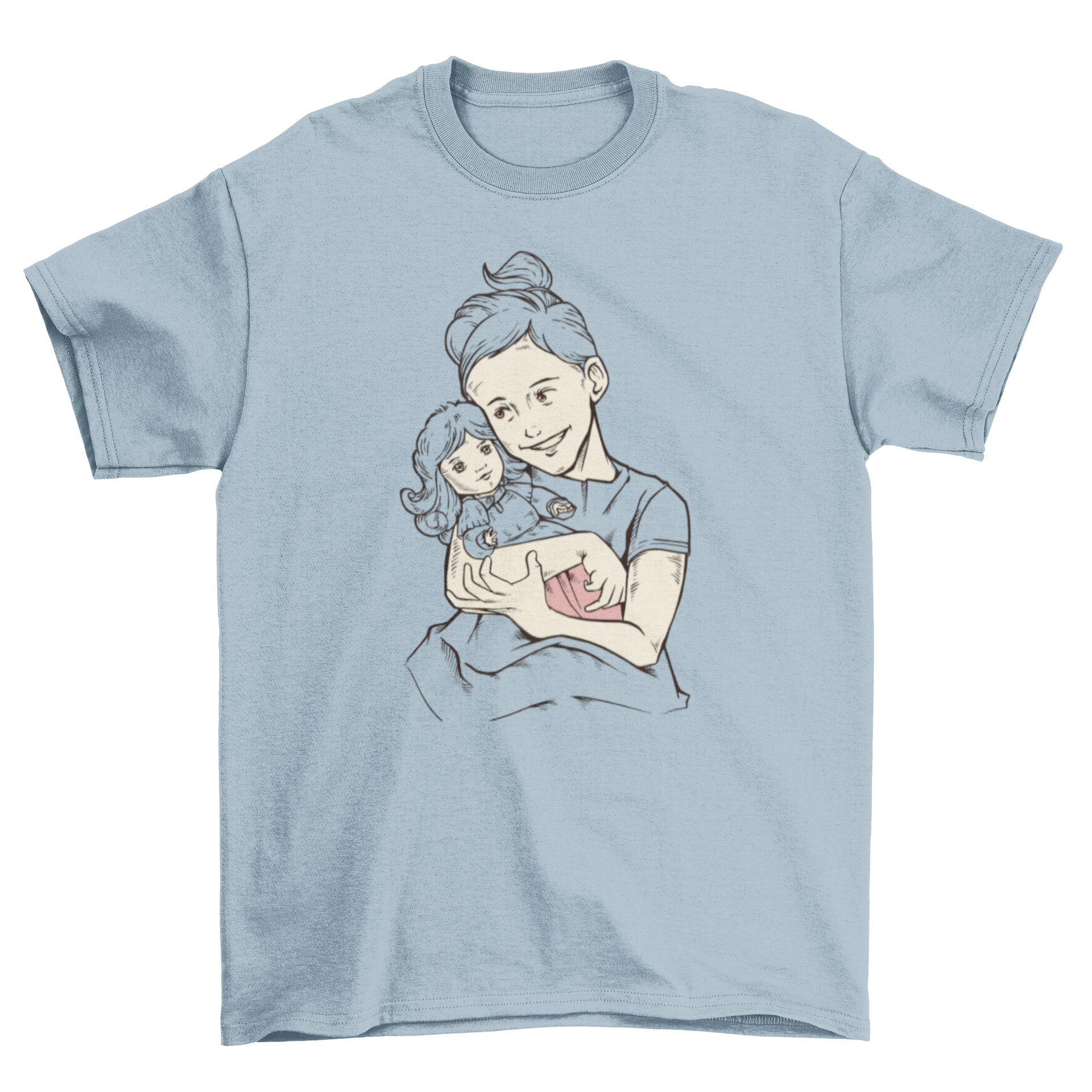 A vintage illustration of a girl holding her doll on a soft t-shirt, perfect for young girls.