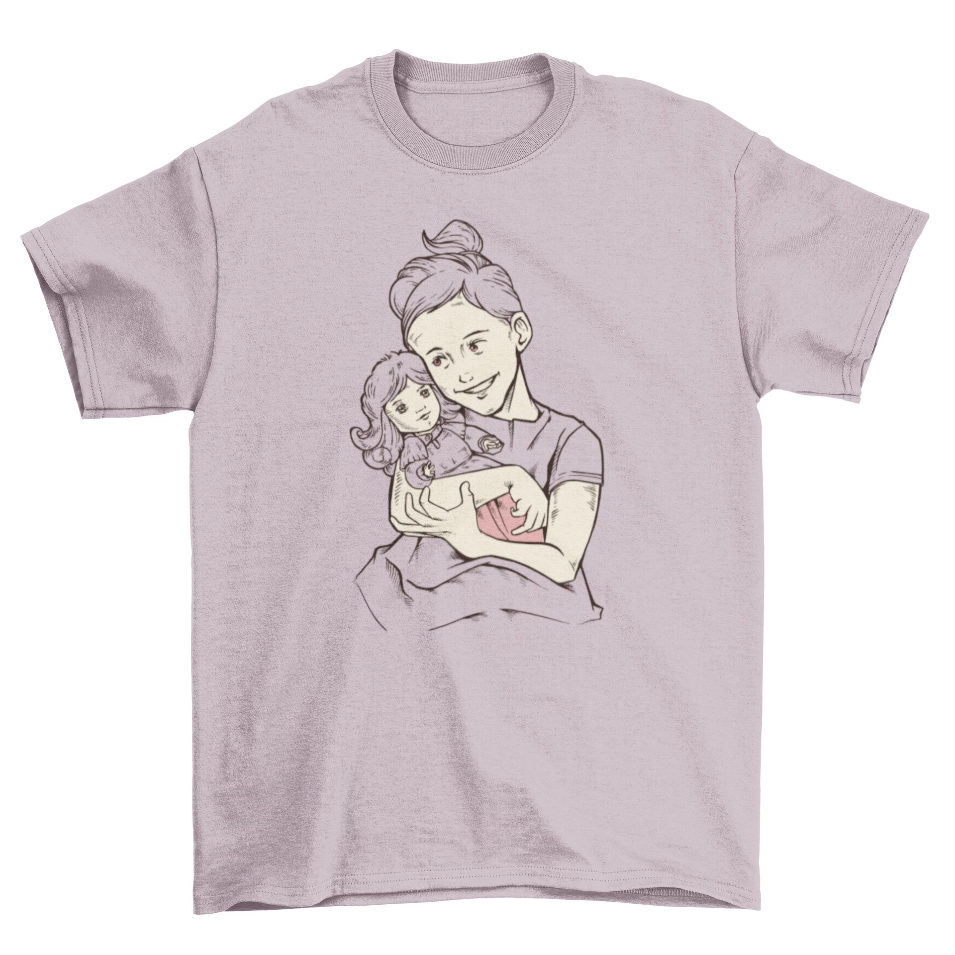 A vintage illustration of a girl holding her doll on a soft t-shirt, perfect for young girls.