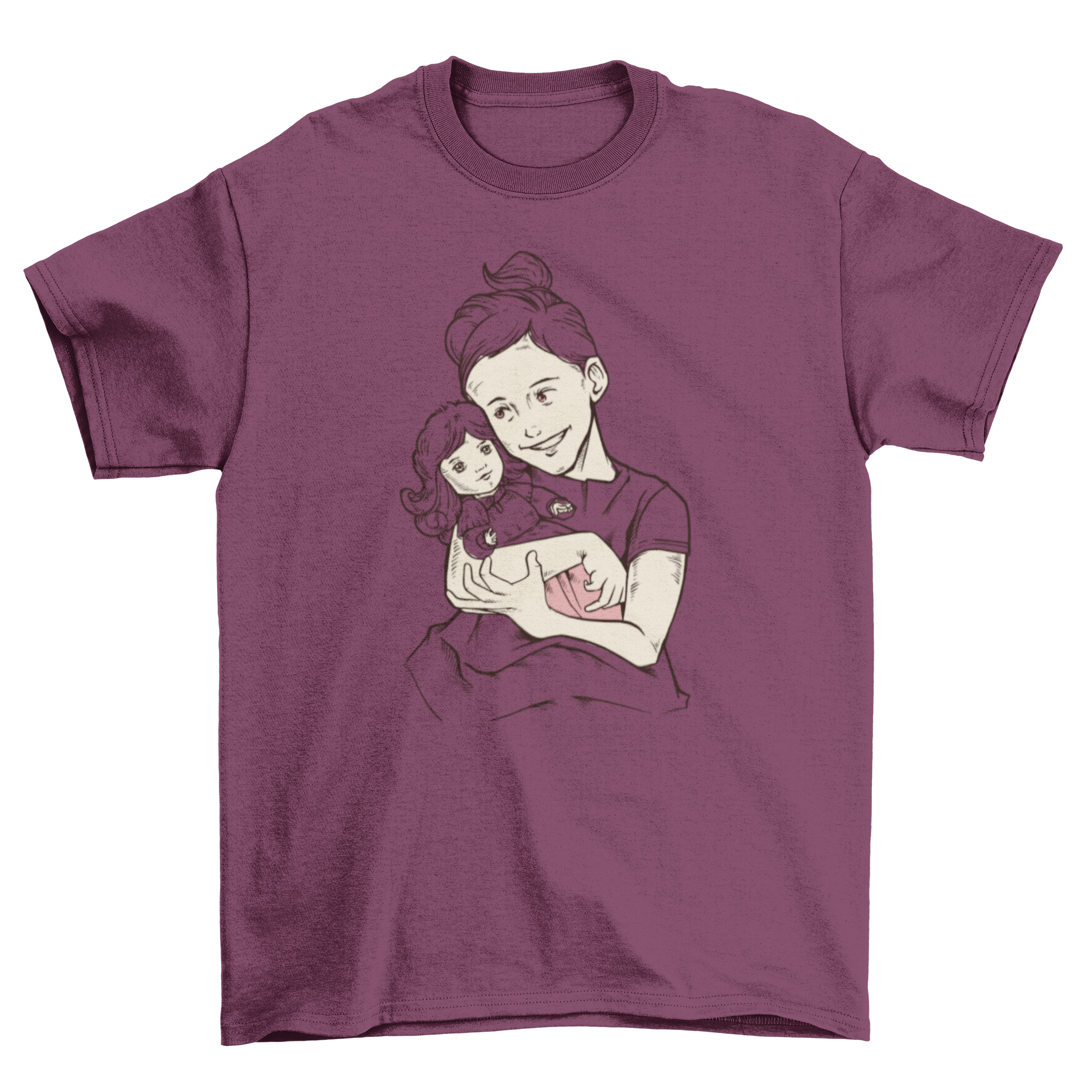 A vintage illustration of a girl holding her doll on a soft t-shirt, perfect for young girls.