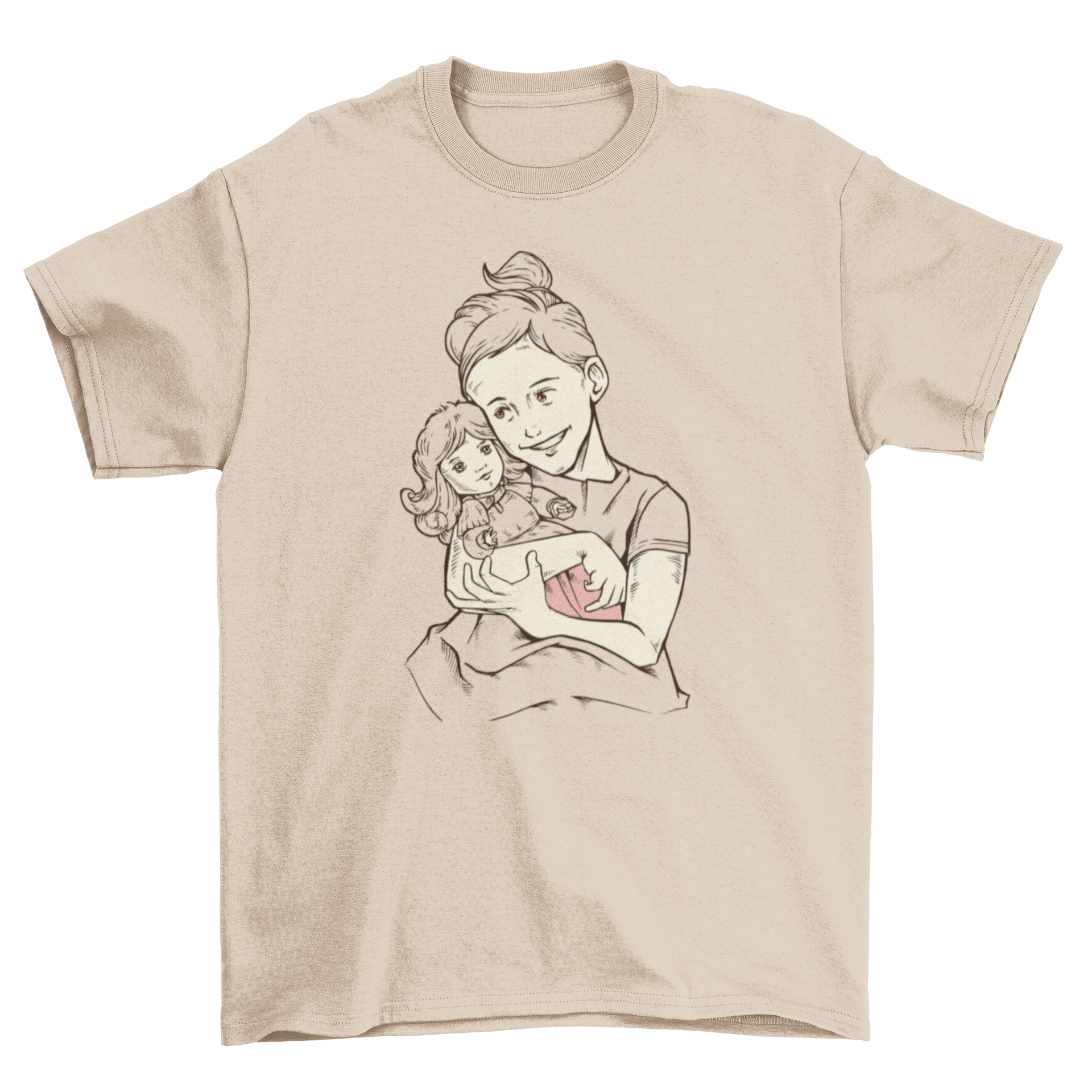 A vintage illustration of a girl holding her doll on a soft t-shirt, perfect for young girls.