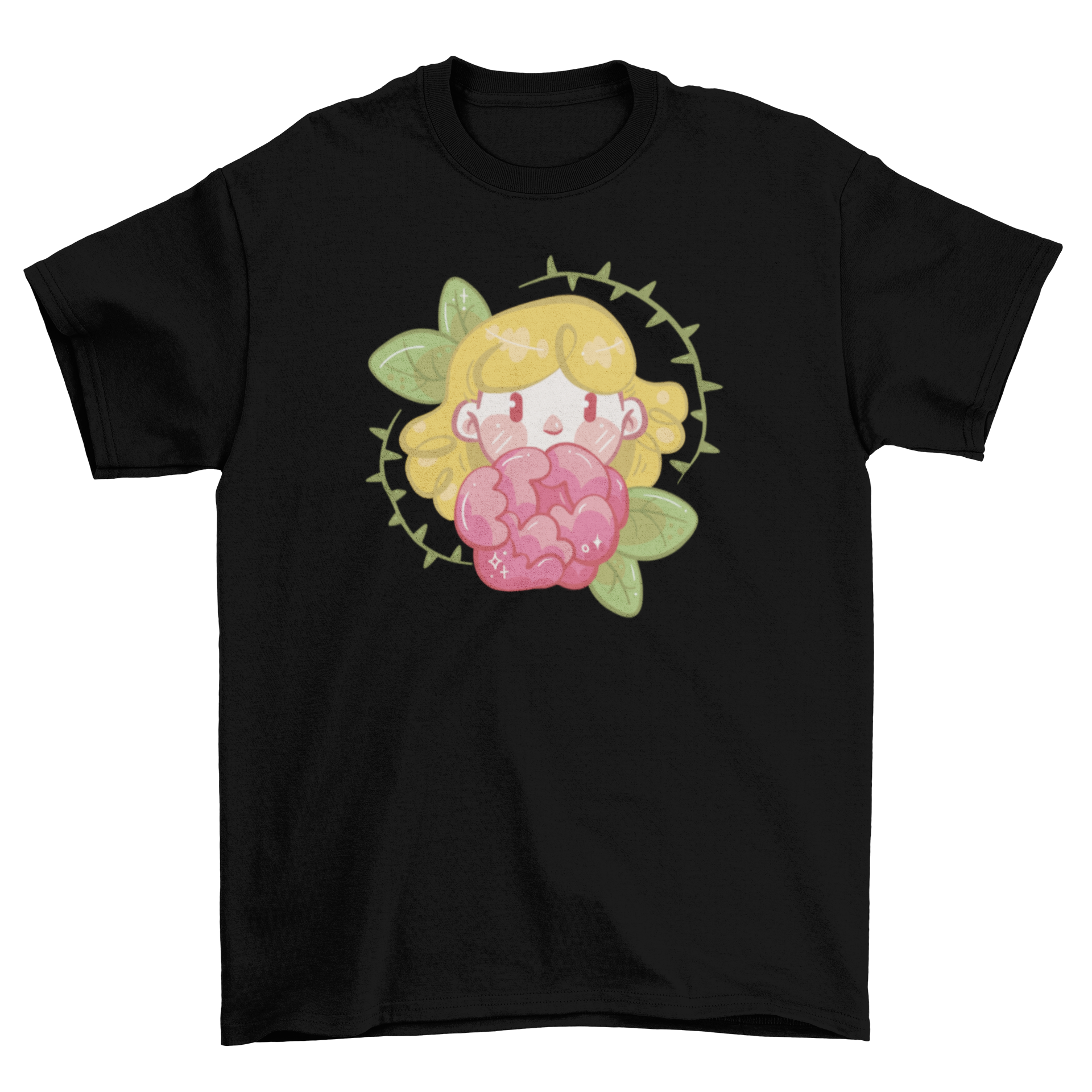 A cute girl graphic on a t-shirt holding a rose, showcasing a playful and stylish design.