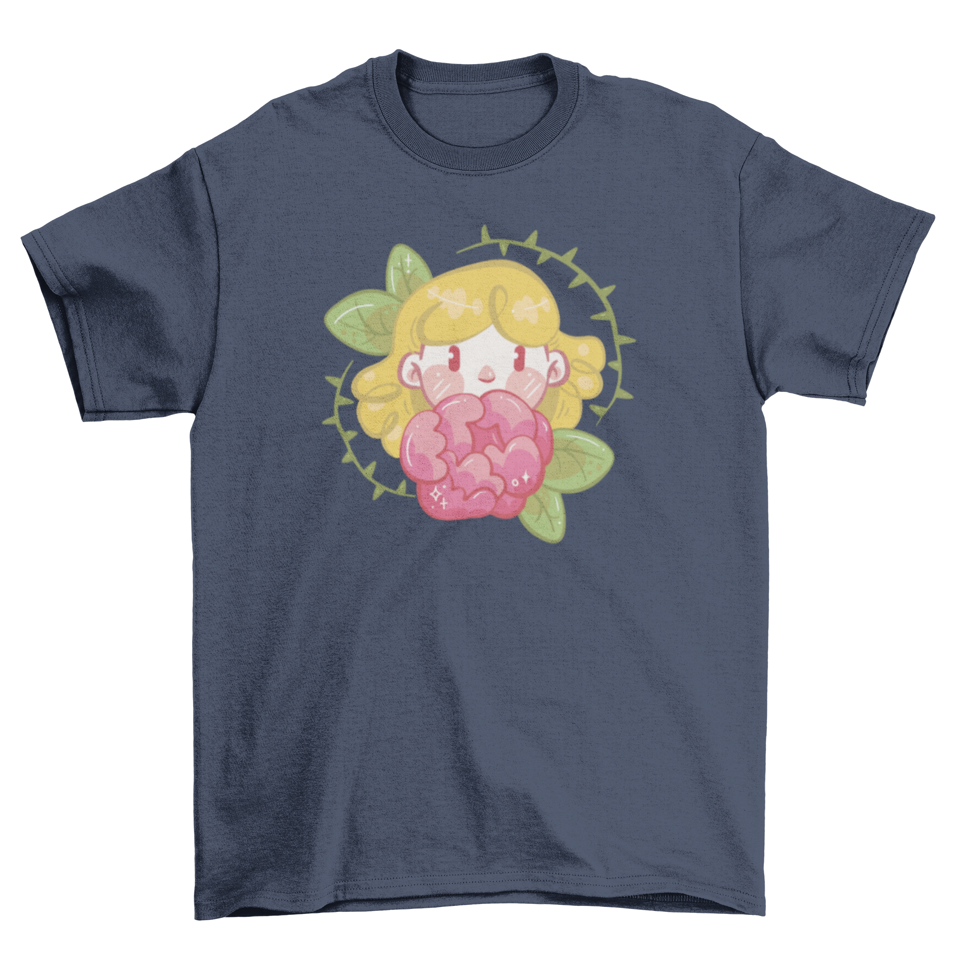 A cute girl graphic on a t-shirt holding a rose, showcasing a playful and stylish design.