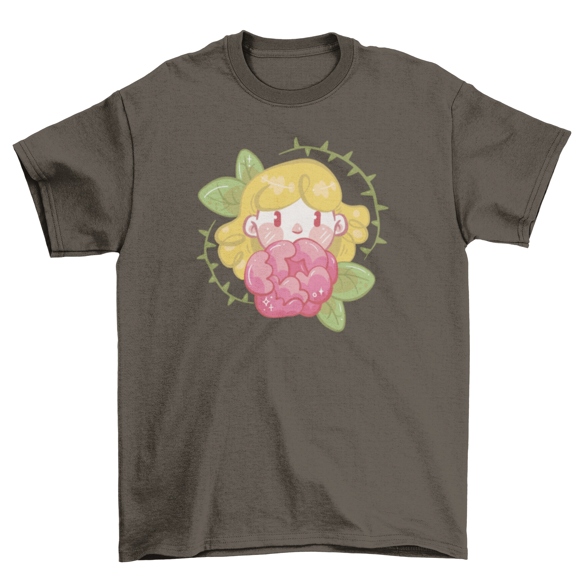 A cute girl graphic on a t-shirt holding a rose, showcasing a playful and stylish design.