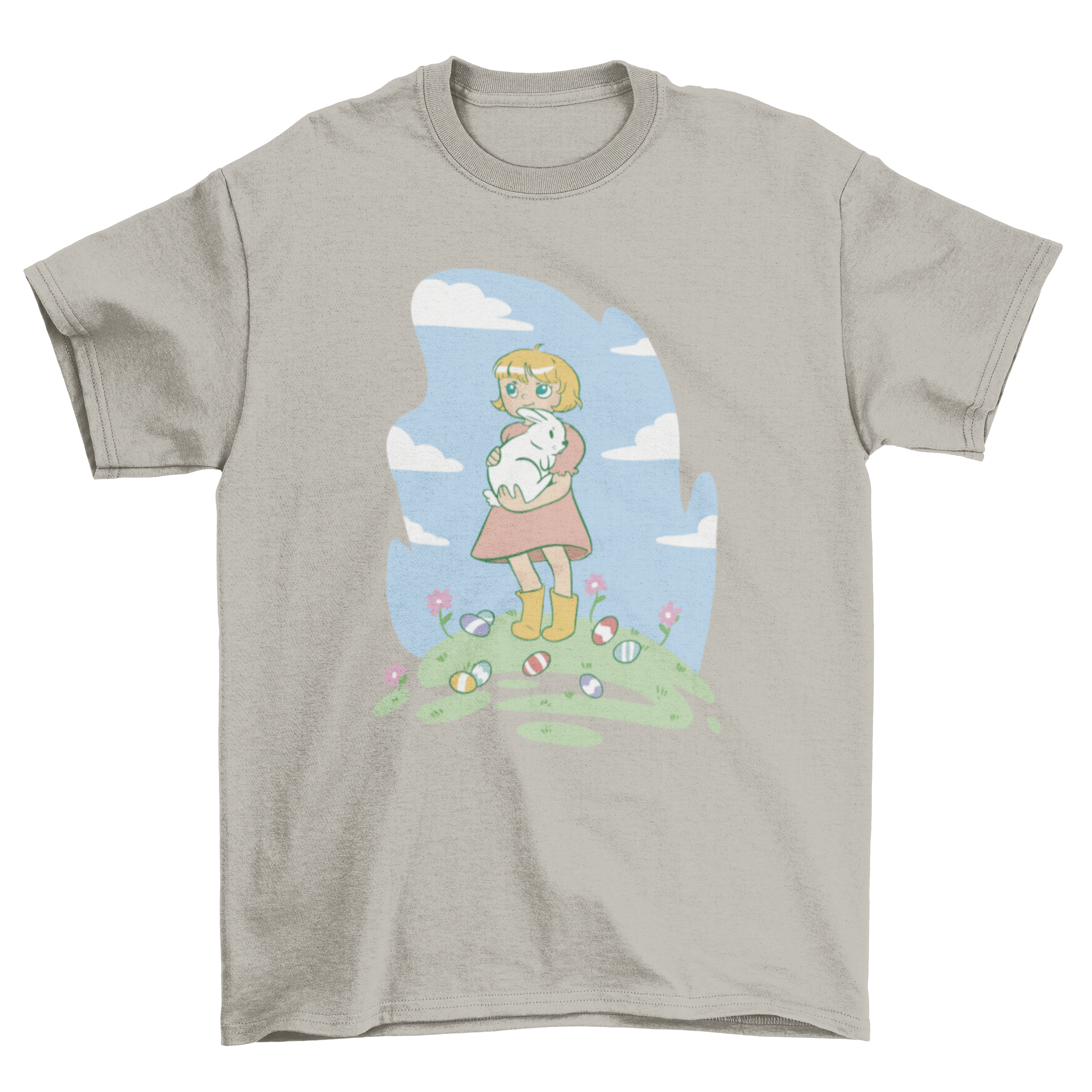 A cute girl holding a rabbit surrounded by colorful Easter eggs on a t-shirt.