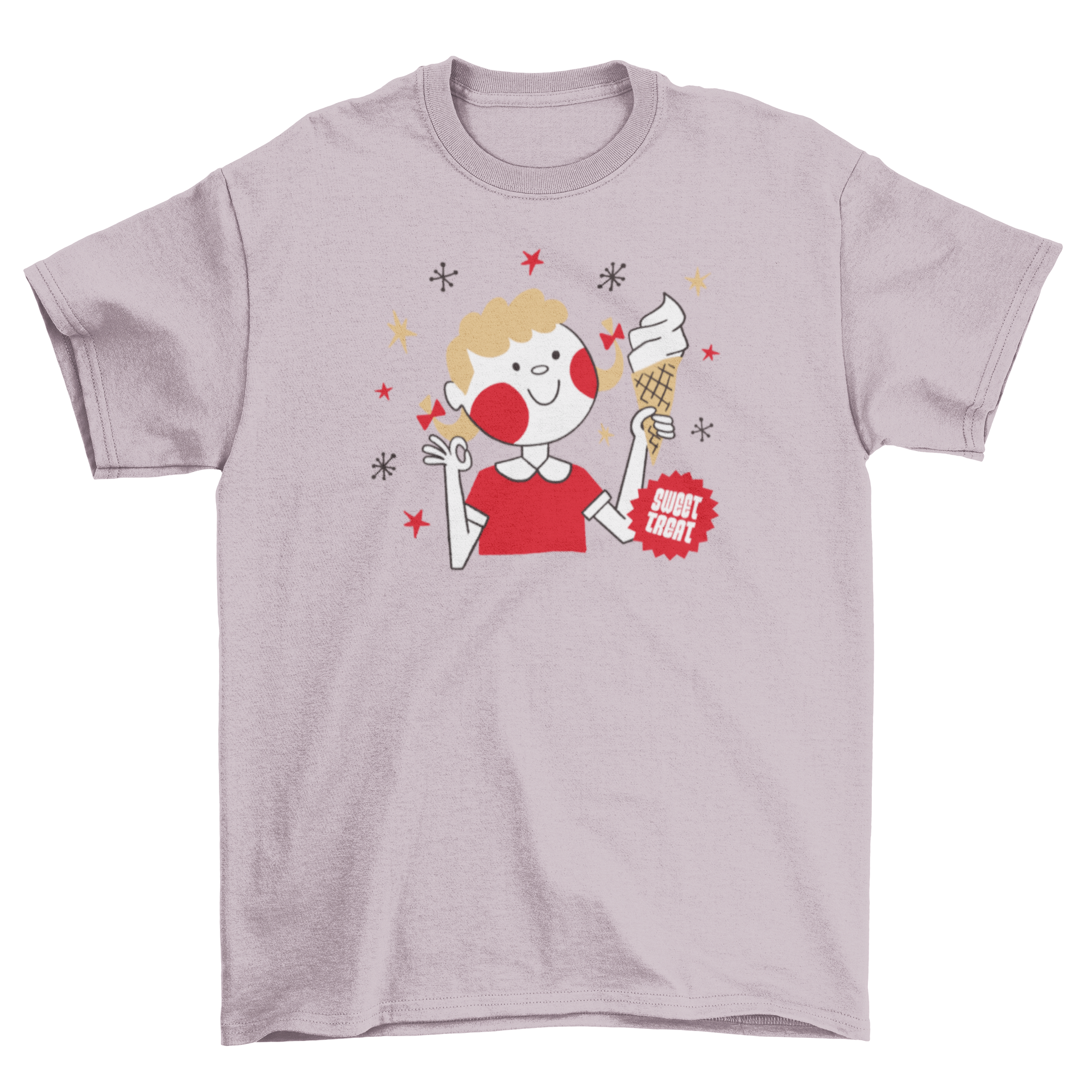 A colorful t-shirt featuring a cartoon girl holding vanilla ice cream with the quote 'Sweet treat'.