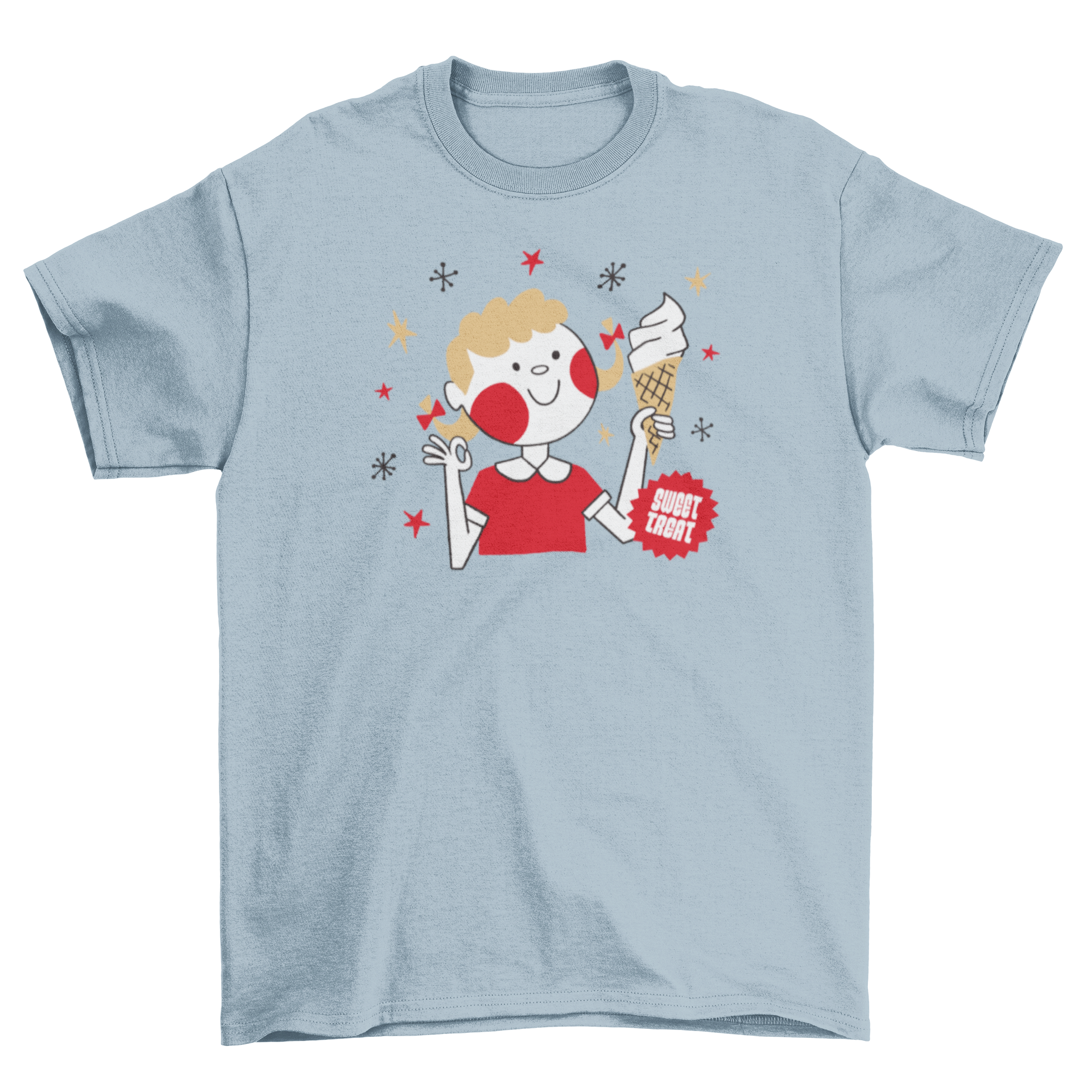 A colorful t-shirt featuring a cartoon girl holding vanilla ice cream with the quote 'Sweet treat'.