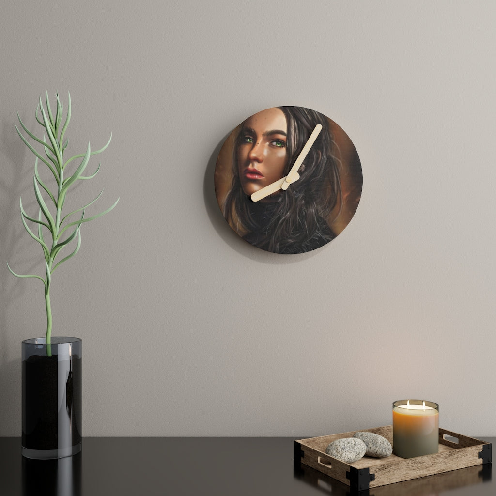 A stylish Girl Wooden Wall Clock made from sustainable birch plywood, featuring customizable designs and available in two sizes.