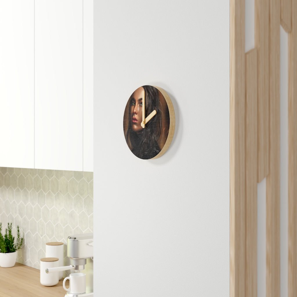 A stylish Girl Wooden Wall Clock made from sustainable birch plywood, featuring customizable designs and available in two sizes.