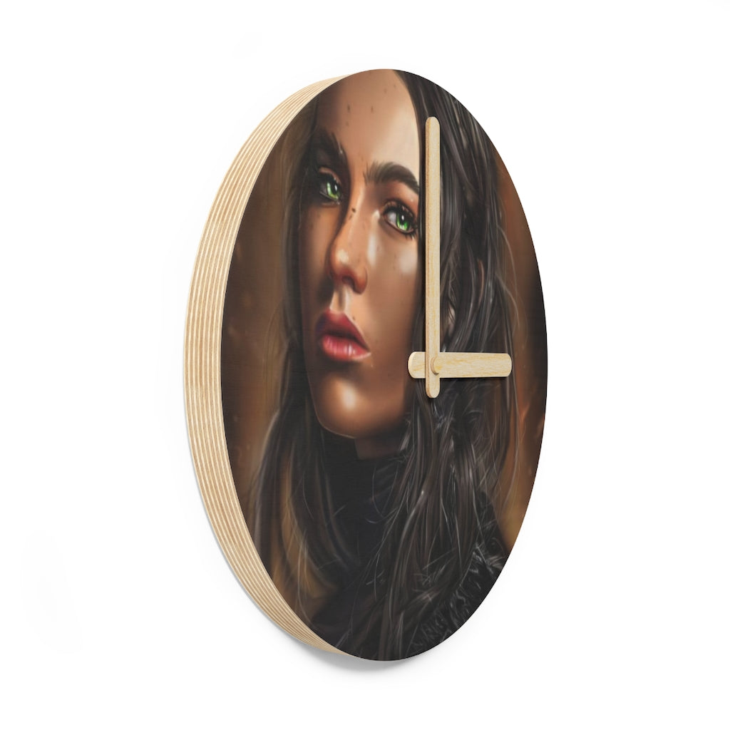 A stylish Girl Wooden Wall Clock made from sustainable birch plywood, featuring customizable designs and available in two sizes.