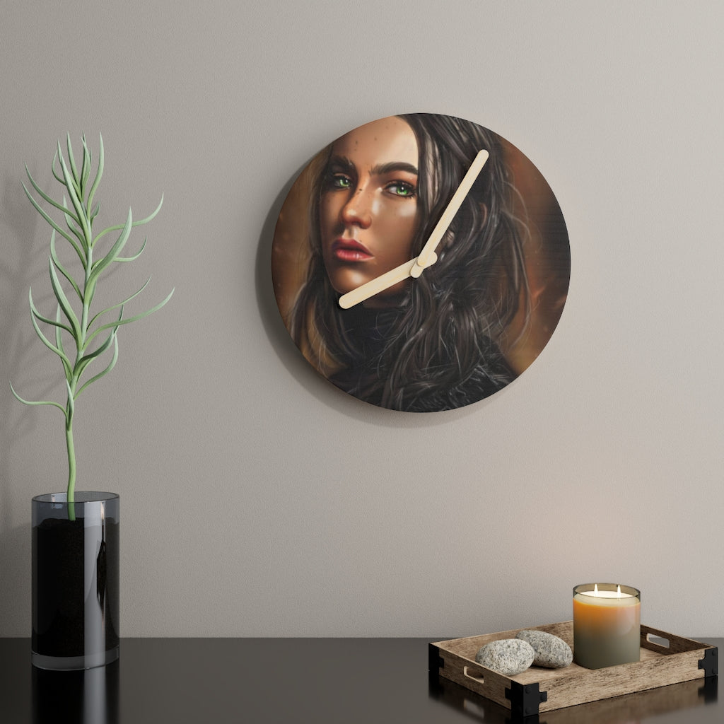 A stylish Girl Wooden Wall Clock made from sustainable birch plywood, featuring customizable designs and available in two sizes.