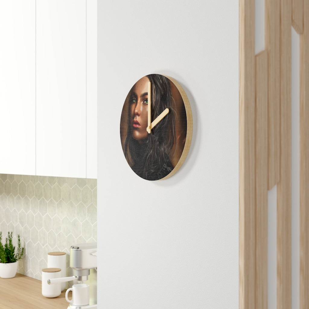 A stylish Girl Wooden Wall Clock made from sustainable birch plywood, featuring customizable designs and available in two sizes.