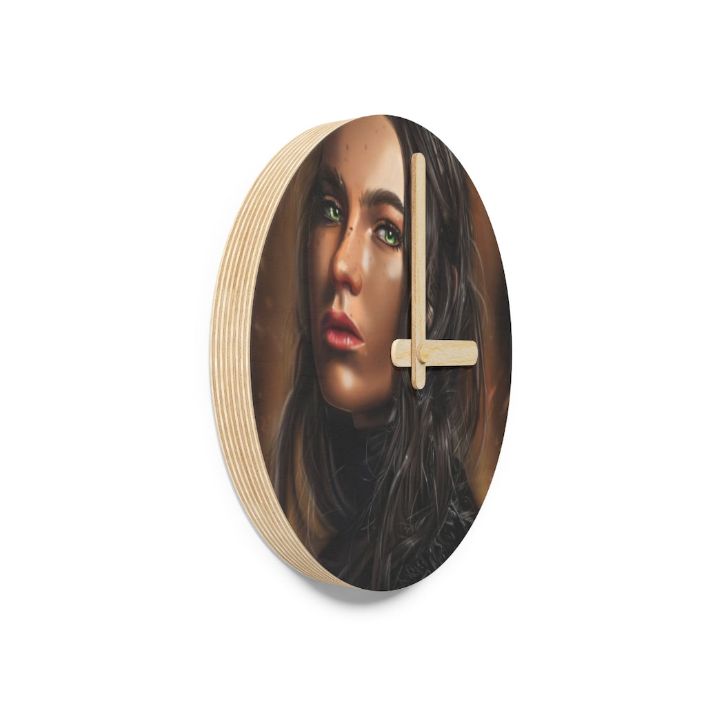 A stylish Girl Wooden Wall Clock made from sustainable birch plywood, featuring customizable designs and available in two sizes.