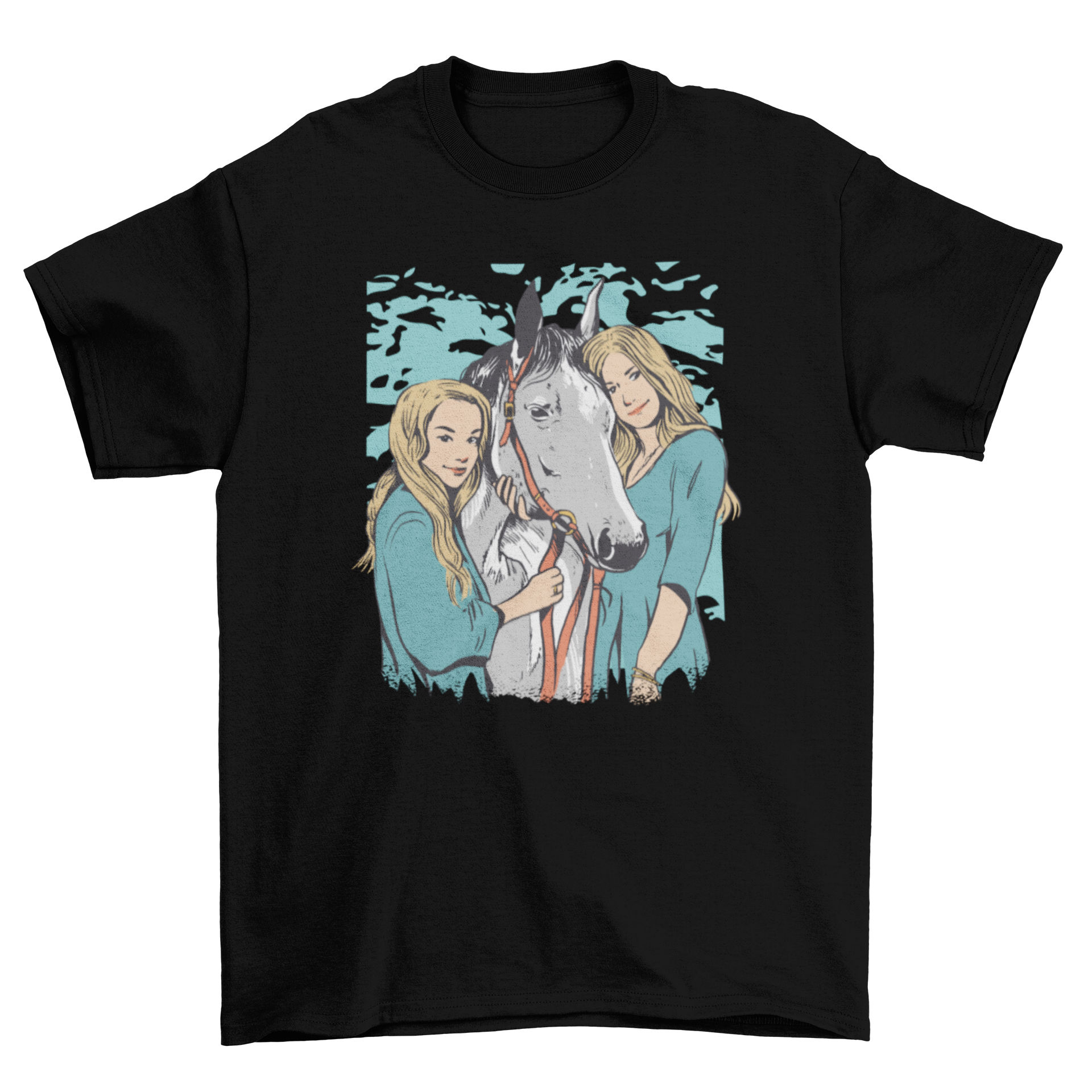 A charming t-shirt featuring two blonde girls hugging a horse, perfect for young horse lovers.