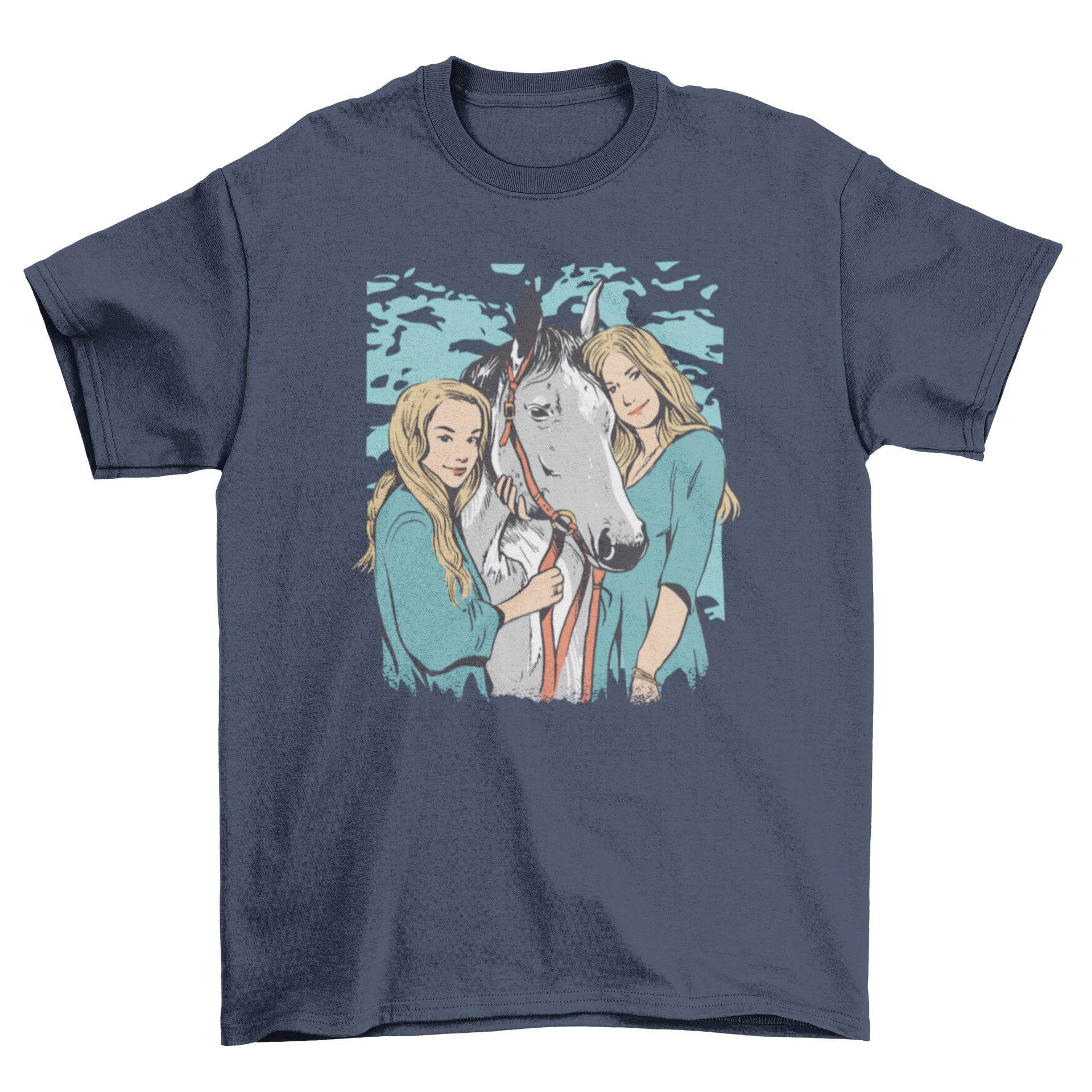 A charming t-shirt featuring two blonde girls hugging a horse, perfect for young horse lovers.