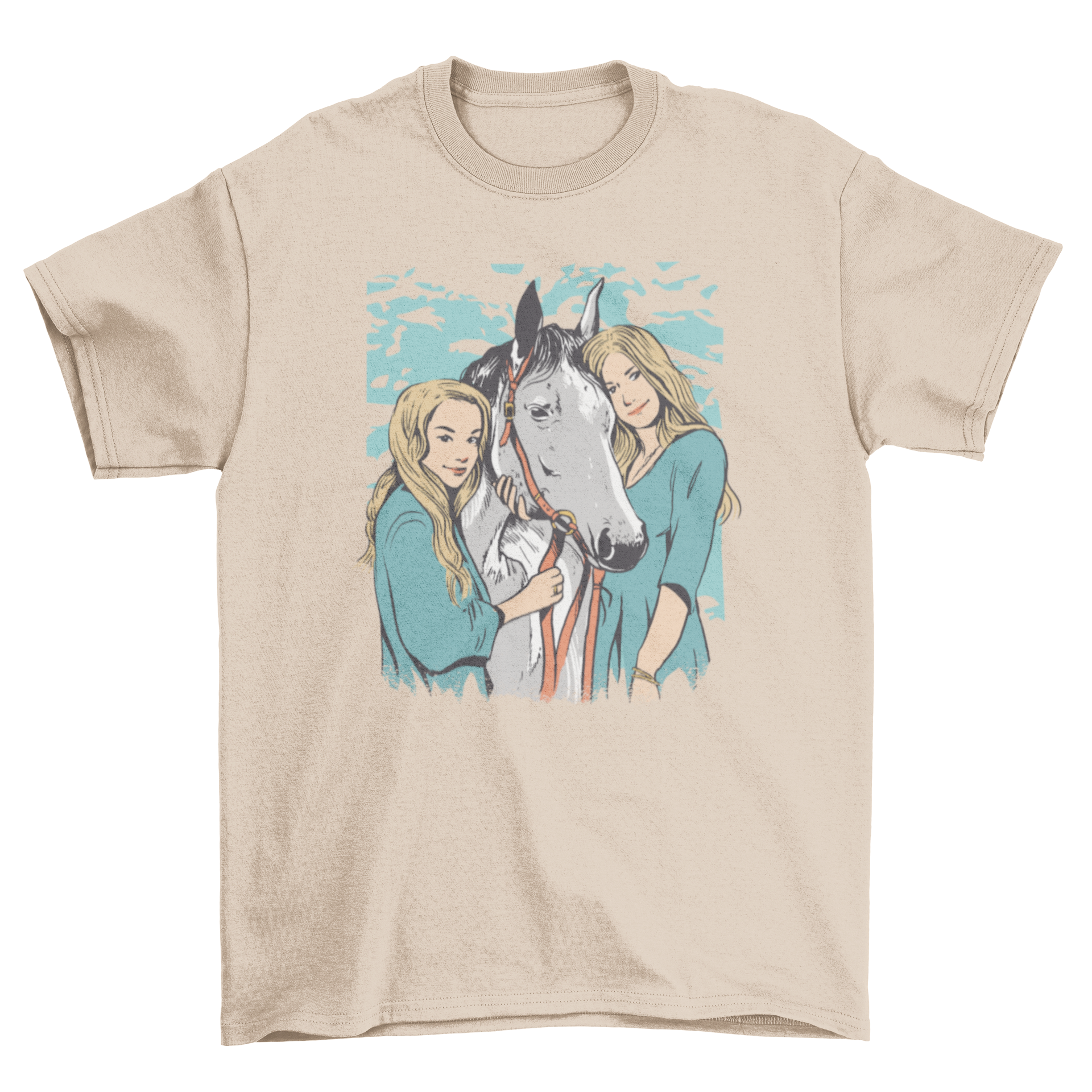 A charming t-shirt featuring two blonde girls hugging a horse, perfect for young horse lovers.