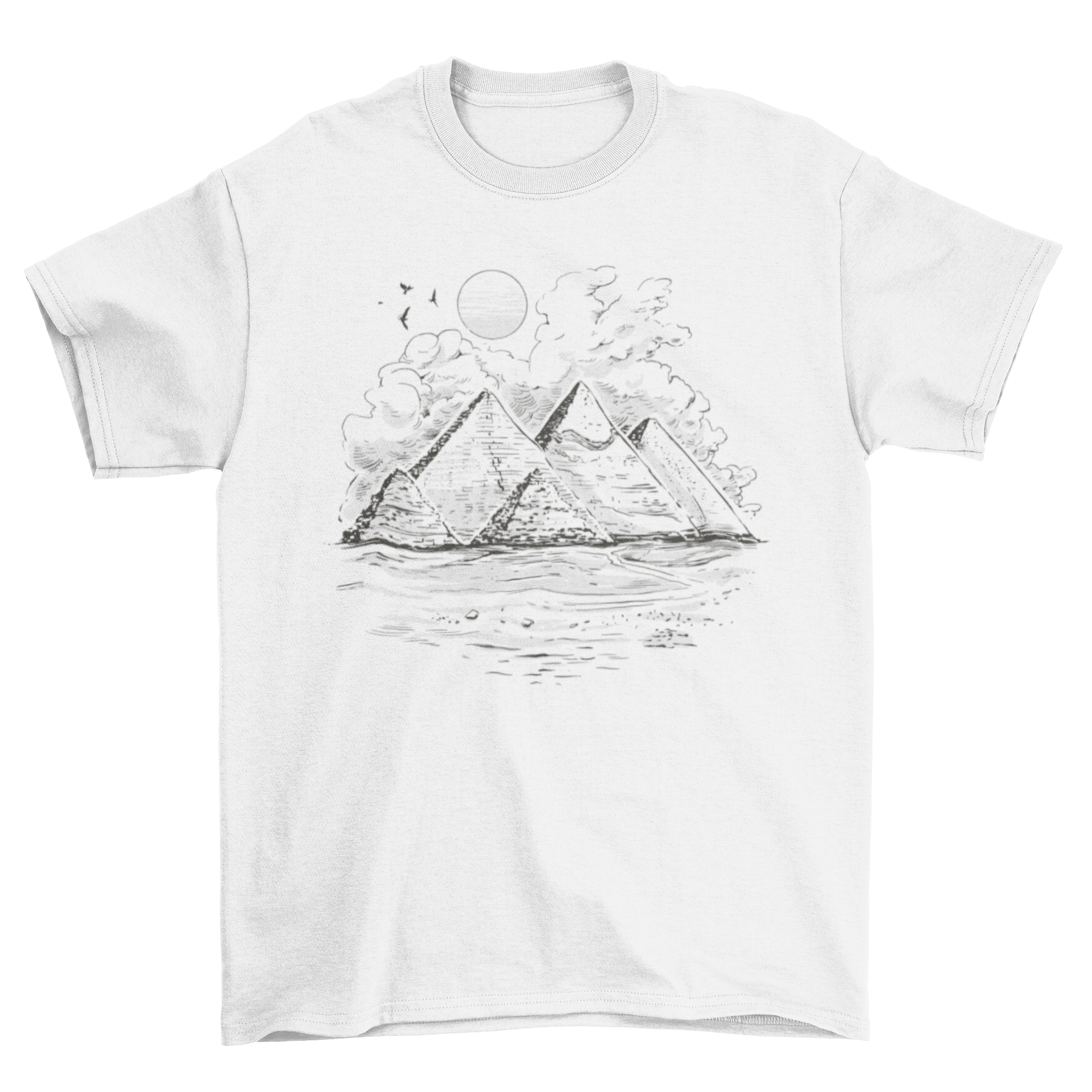 A stylish Giza Pyramids t-shirt featuring an artistic design of the iconic pyramids, perfect for history lovers.