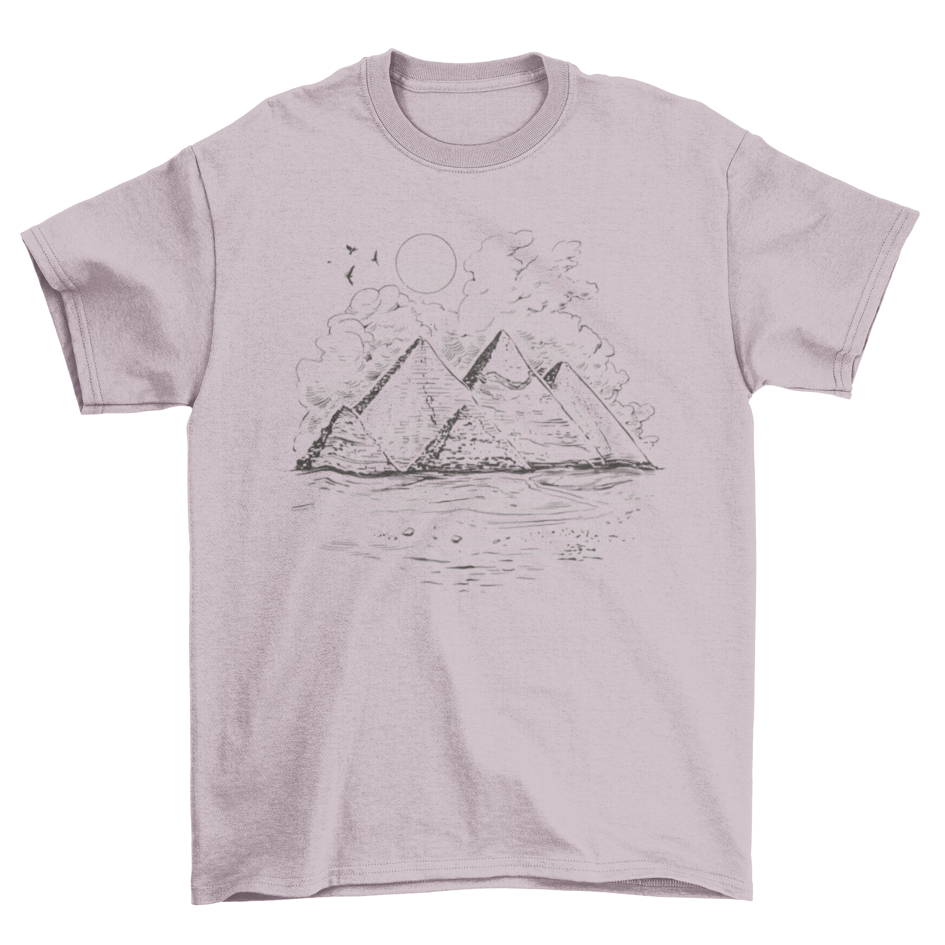 A stylish Giza Pyramids t-shirt featuring an artistic design of the iconic pyramids, perfect for history lovers.