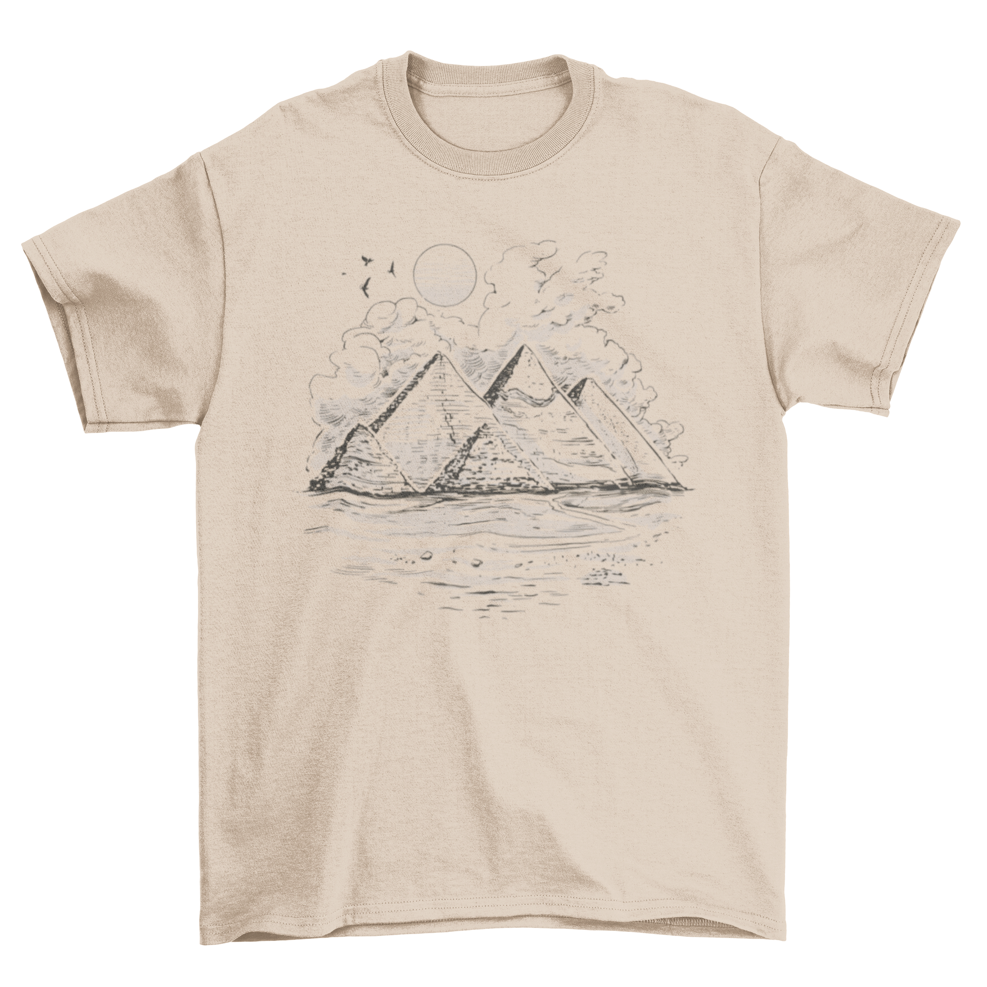 A stylish Giza Pyramids t-shirt featuring an artistic design of the iconic pyramids, perfect for history lovers.