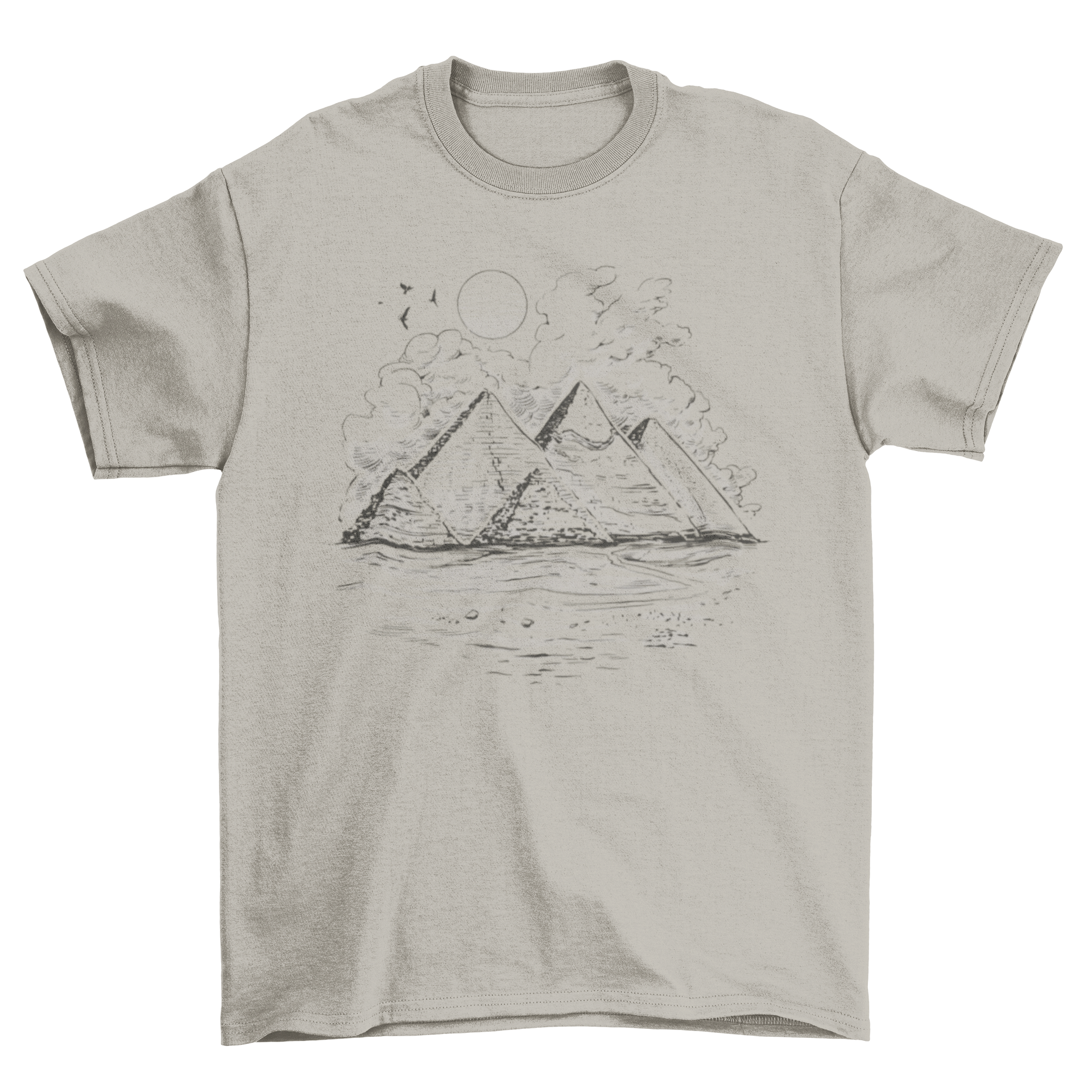 A stylish Giza Pyramids t-shirt featuring an artistic design of the iconic pyramids, perfect for history lovers.