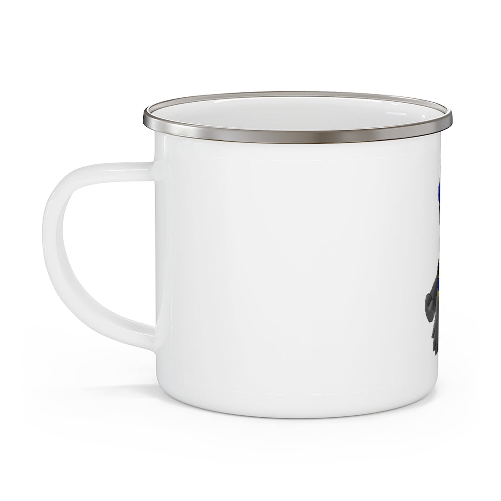 Glissgliss Enamel Camping Mug with a C-handle, featuring a stylish design and customizable full-color printing.