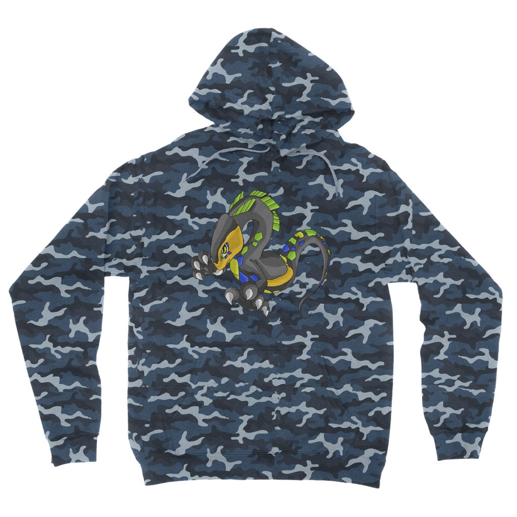 Glisstron Camouflage Adult Hoodie featuring a classic camo print, double fabric hood, and kangaroo pouch pocket.